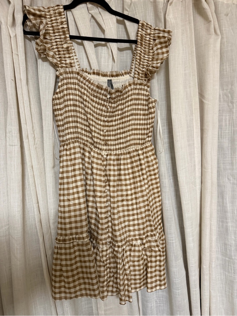 Anthropologie Tan & White Gingham Smocked Mini Dress
